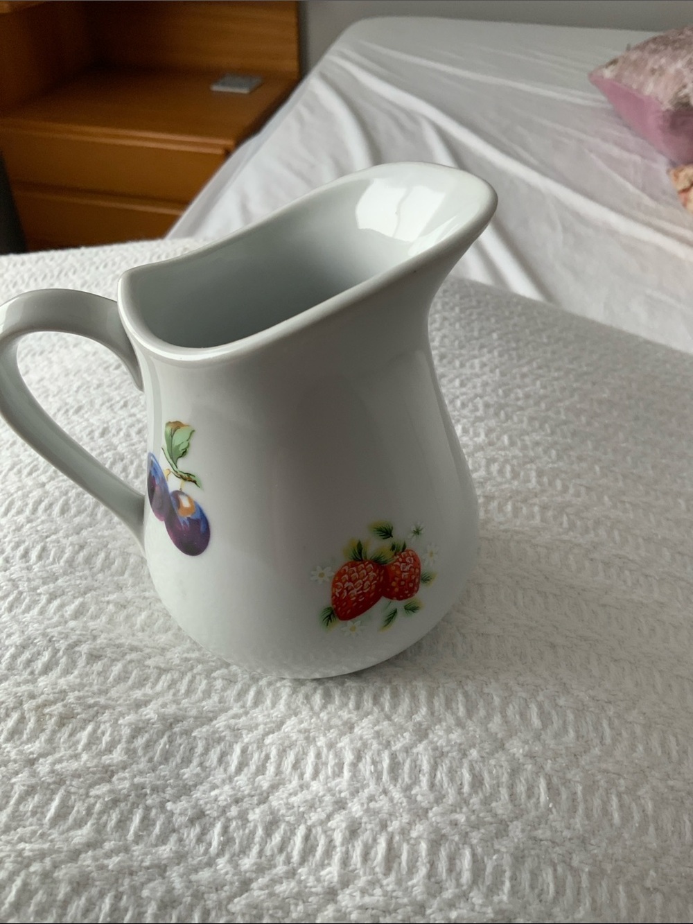 White Porcelain Creamer with Strawberry and Floral Motif - Unbranded